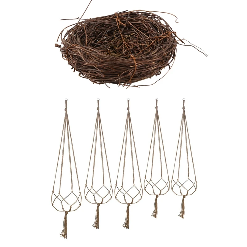 

1 Pcs Handmade Vine Twig Bird Nest & 5 Pcs Hanging Planter Flower Pot Plant Holder