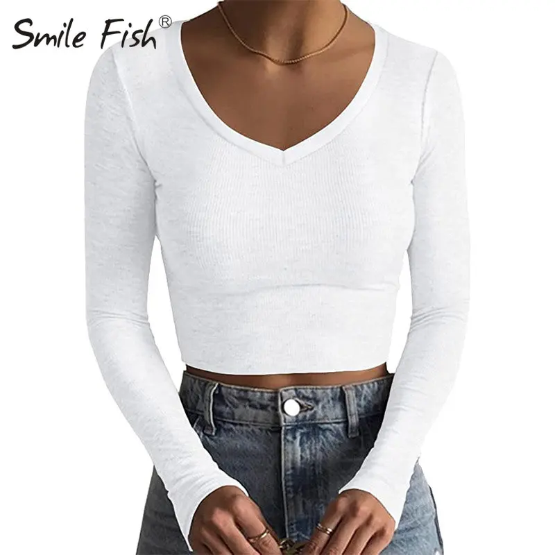 

Women's Long Sleeve V Neck Crop Top Ribbed Knit Slim Fitted Basic T-Shirts Autumn Streetwear Sexy Lady Hot Pink Tees Knit G1147