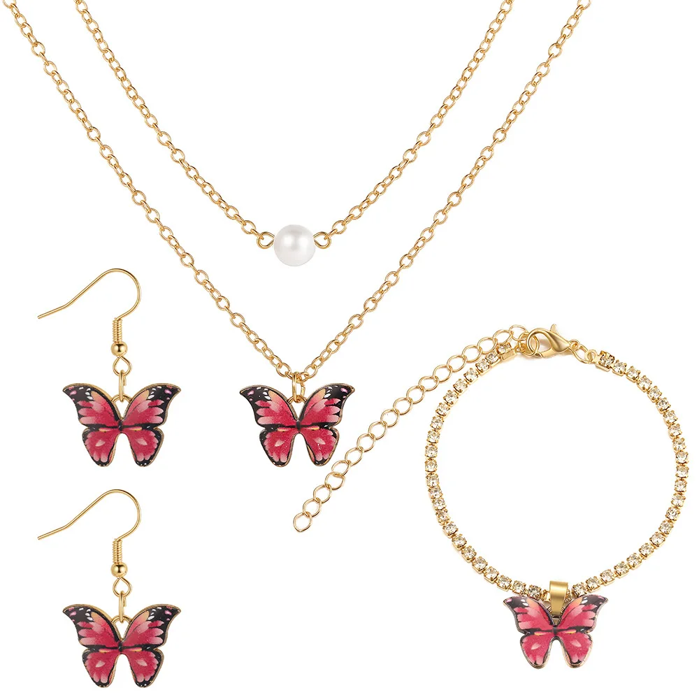 

Butterfly Pearl Crystals Romantic Jewelry Bracelet Necklace Earring Set for Women Wedding Cute Dress Accessories