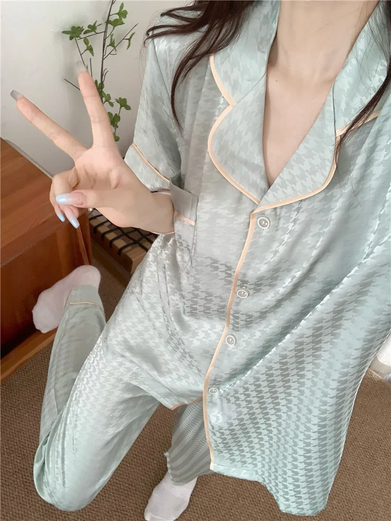 

Летняя жаккардовая Пижама с рисунком «гусиные лапки», Женский клетчатый однобортный костюм из рубашки и брюк, зеленый Повседневный домашни...