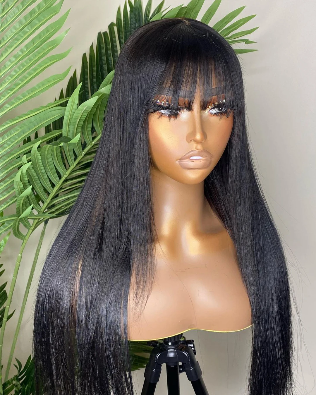 

Парик с мягкими волосами без клея, синтетический длинный прямой парик с челкой, парик с полной машинкой, парик из натуральных черных волос д...