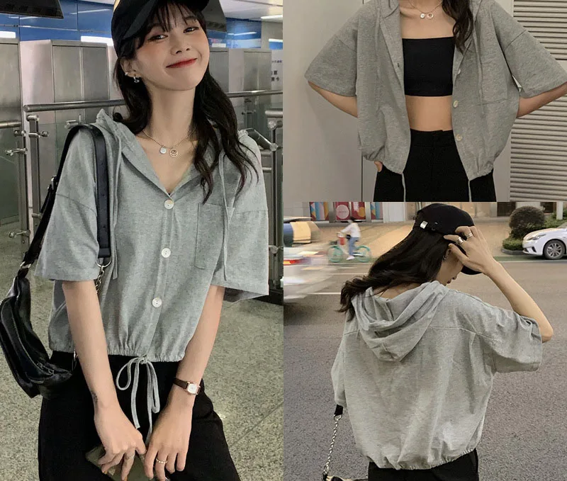 

Hooded jacket short sleeve T-shirt Women casual top