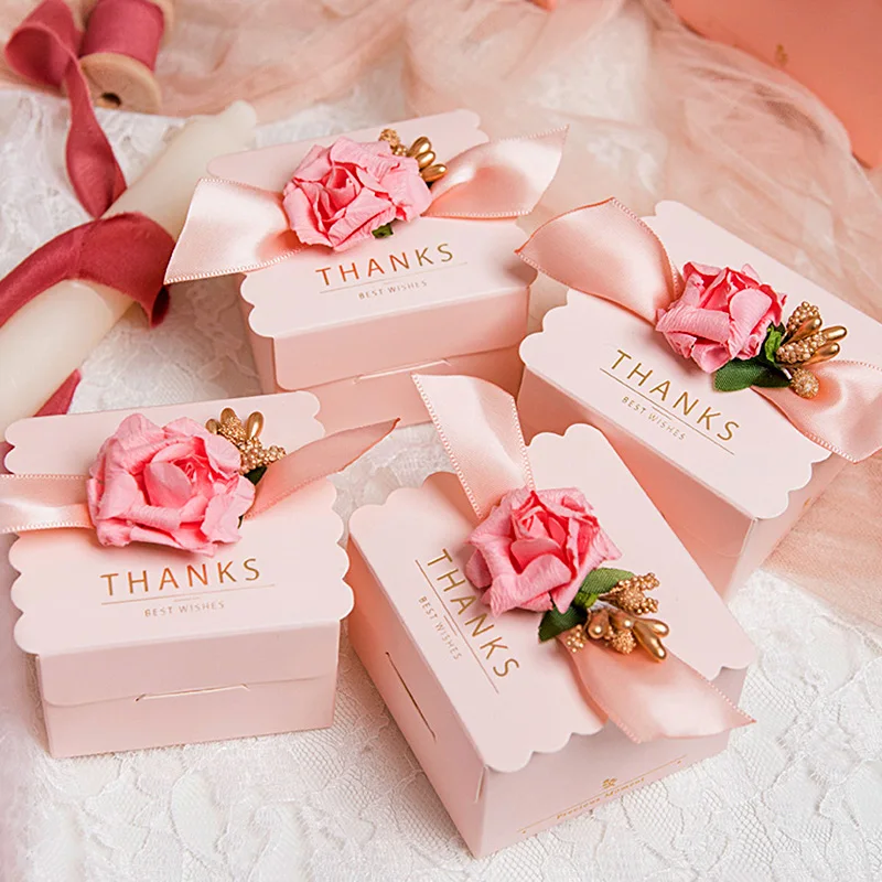 

10pcs Beautiful Pink Square Rose Ribbon Wedding Party Supplies Candy Chocolate Packaging Birthday Gift Boxes Portable Creative