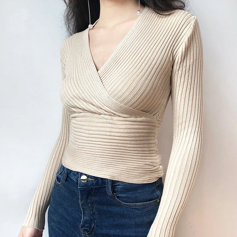 Winter Women Solid Knitted Sweater Pullovers Sexy V-Neck Apricot Black White Mujer Tops Ladies Long Sleeve Sweet Slim Jumper | Женская