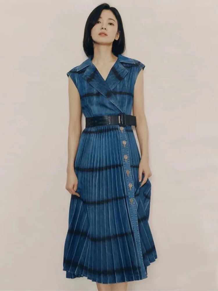 

Designer New Women's Summer Vintage Fashion High Quality Elegant High Street Celebrity Casual Party Buttons Tank Pleated Dress