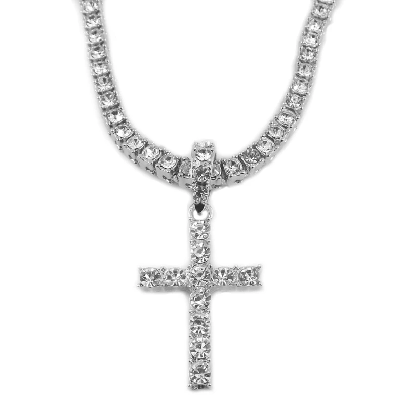 

White Crystals for Cross Pendant Necklace with Rhinstone Chain Stylish Jewelry