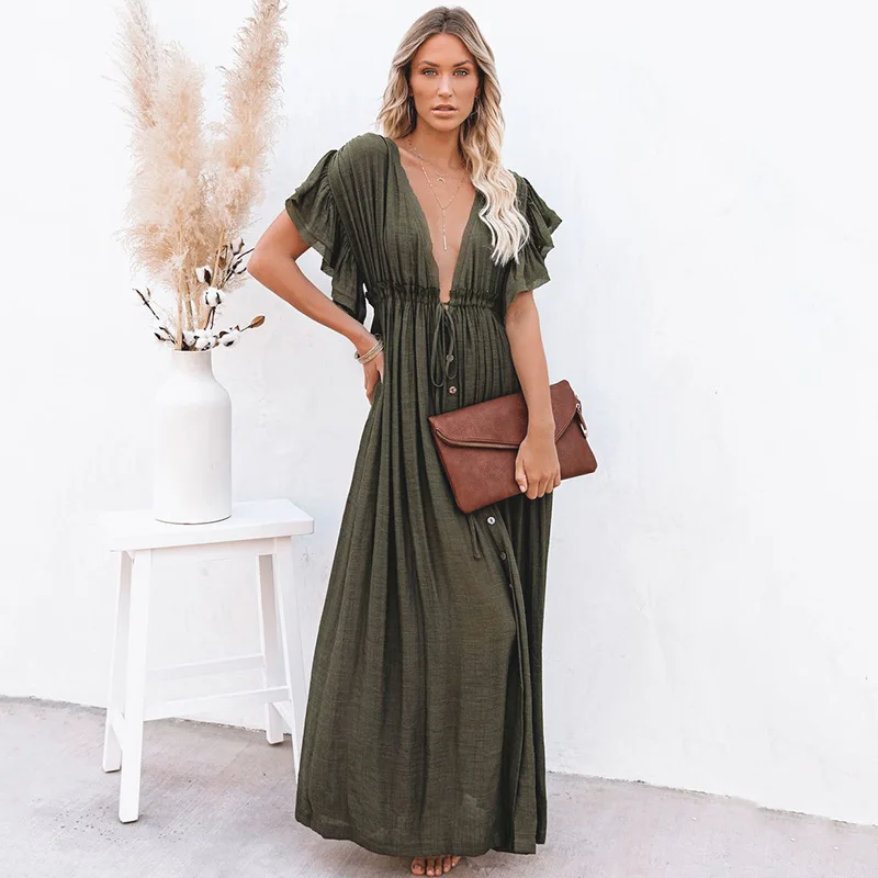 2023 Spring Summer New Button Waist Rope Long Skirt Cardigan Holiday Beach Coat Sunscreen Coat Long Skirt  Bikini Blouse Women 2