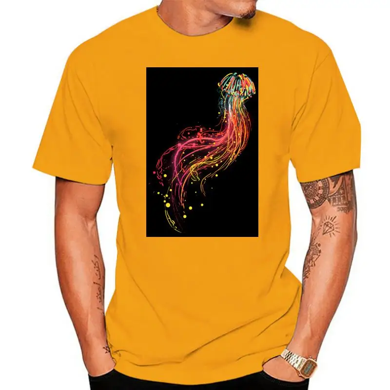 

8829D Neon Jellyfish Shirts Unique Design Cotton Tee Men Short Sleeve Art Fish T-Shirt Summer Casual Simple Graphic T Shirt