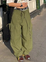 yikuo korean fashion wide leg cargo pants women black techwear street style retro green baggy casual hippie trousers 90s