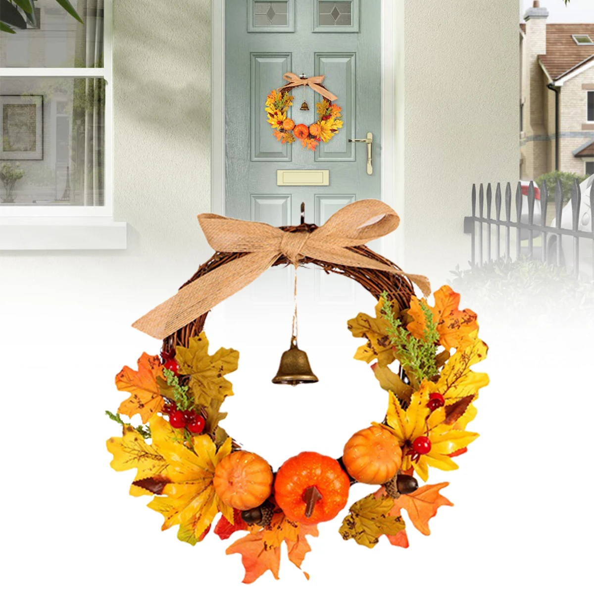 

Thanksgiving Decoration Wreath Pumpkin Maple Bells Home Decoration Burlap Knot Wall Hanging