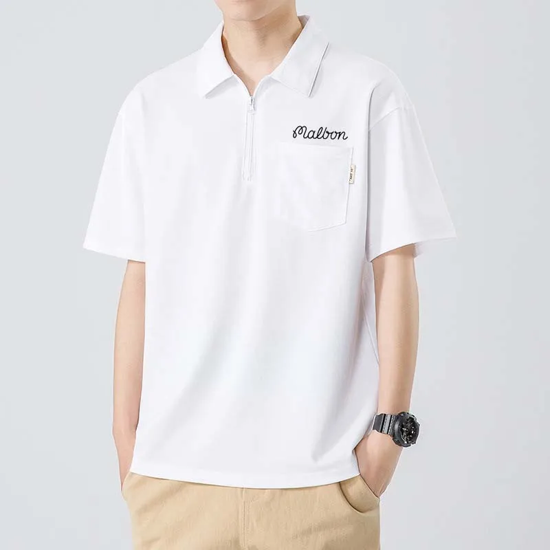 Men Wear Shirt Malbon Golf Polo t Short Men's Summer Collar Loose Fit Solid Color Zipper Breathable Casual Clothing