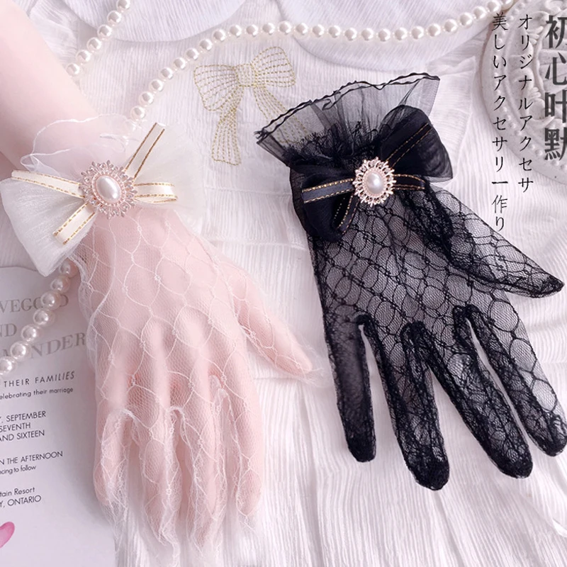 

Elegant Ladies Short White Lace Sexy Gloves for Women Gothic Lolita Fishn Net Black Mittens goth lolita kawaii Gloves