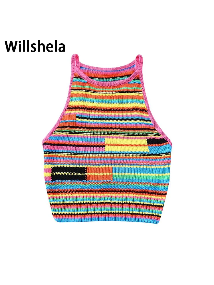 

Willshela женский модный лоскутный полосатый вязаный свитер жилет винтажный круглый вырез без рукавов женский шикарный женский топ на бретелях