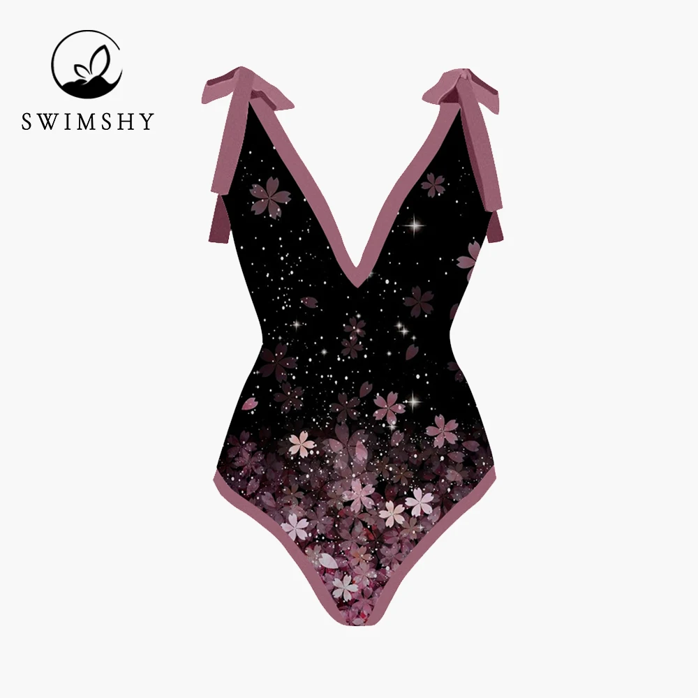 2023 New Fashion Bikinis V-neck Floral Gradient Print One-piece Swimsuit Chic Lace Up Swimwear Summer Beachwear Backless Holiday