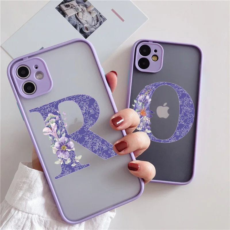 

Initial Letter Phone Case For iPhone 13 12 mini 11 Pro X XR XS Max 6s 7 8 Plus Retro Purple Flower Hard Shockproof Back Cover