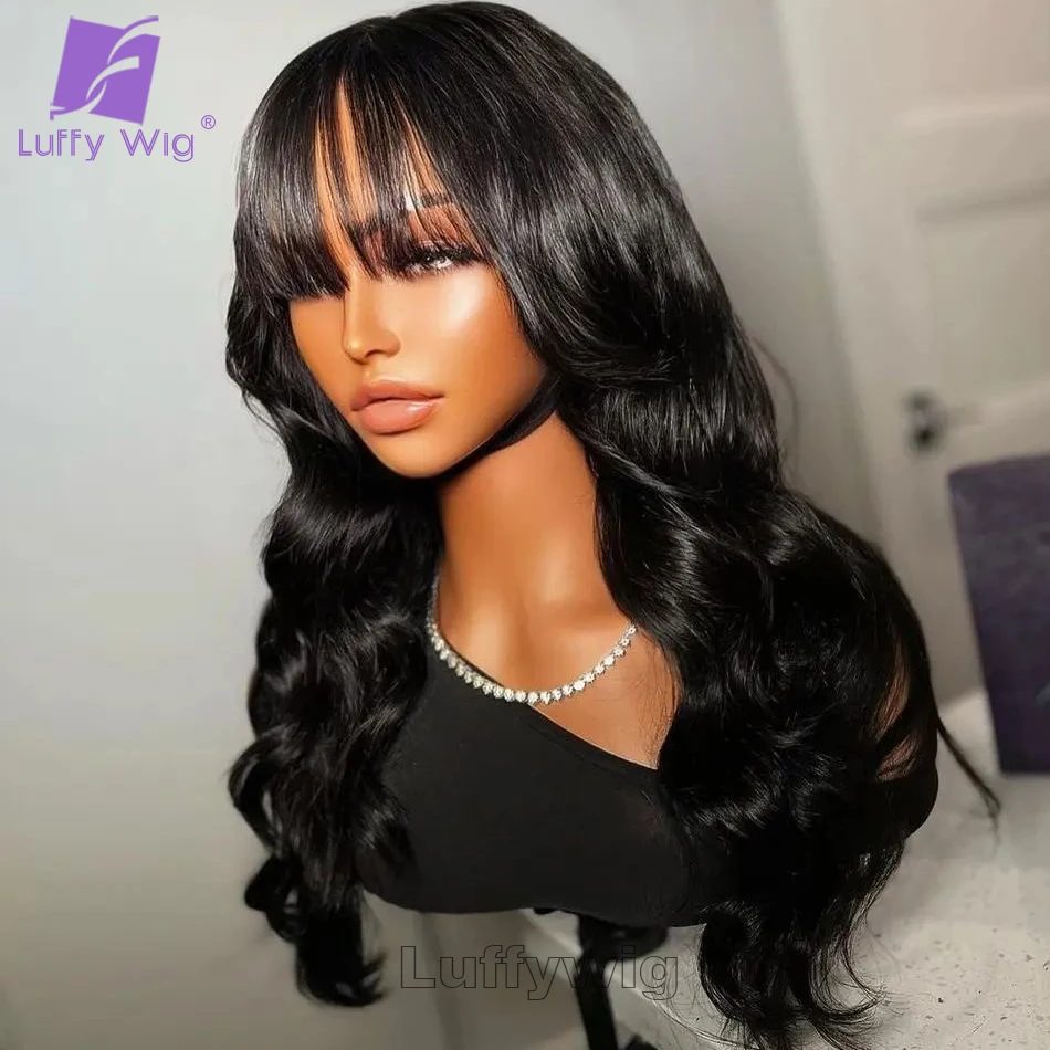 Wig with Bangs Wavy Human Hair Body Wave Wig With Bangs Machine Made Scalp Top Wig Brazilian Remy Wavy Human Wig Bangs Luffywig