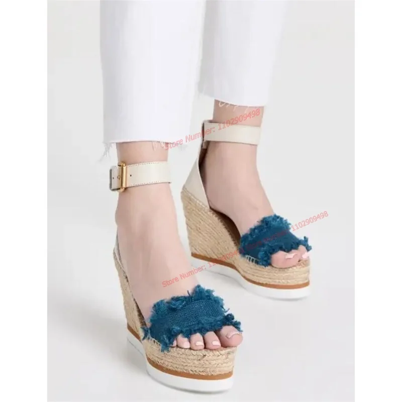 

Blue Espadrilles Wedges Heels Platform Sandals Back Strap Peep Toe Shoes for Women Cover Heel Shoes 2023 Zapatos Para Mujere