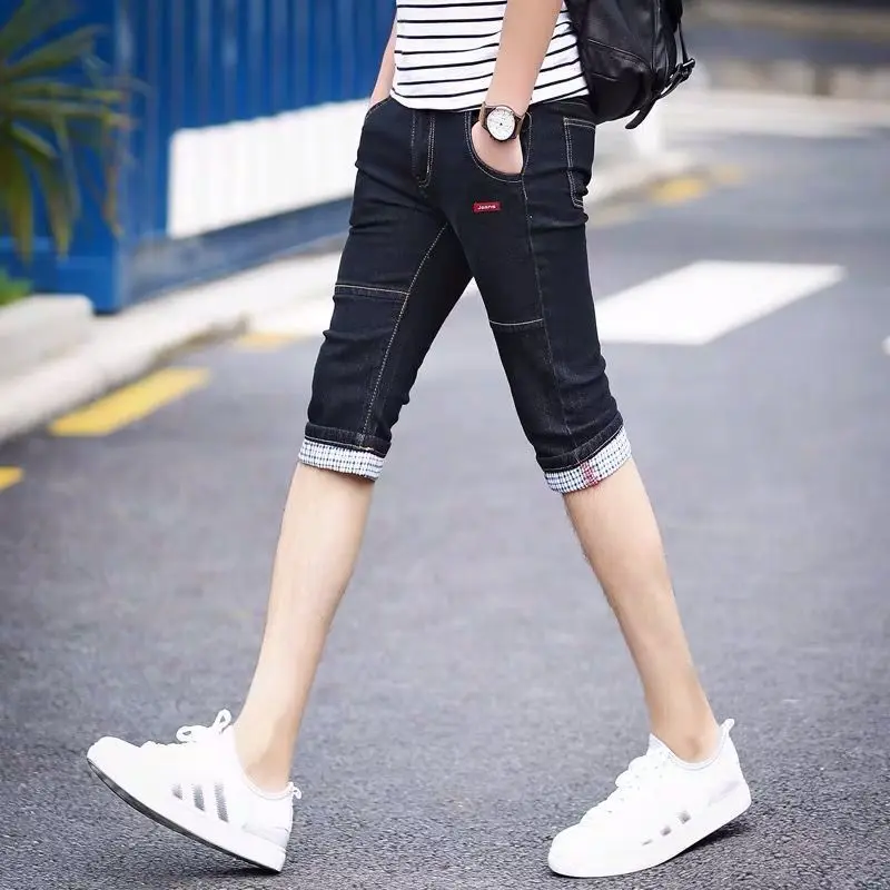 2023 New Cropped Jeans Men's Spring and Summer Thin Broken Men's Korean Version Slim Pants Trend Men's Denim Shorts  Jeans Men