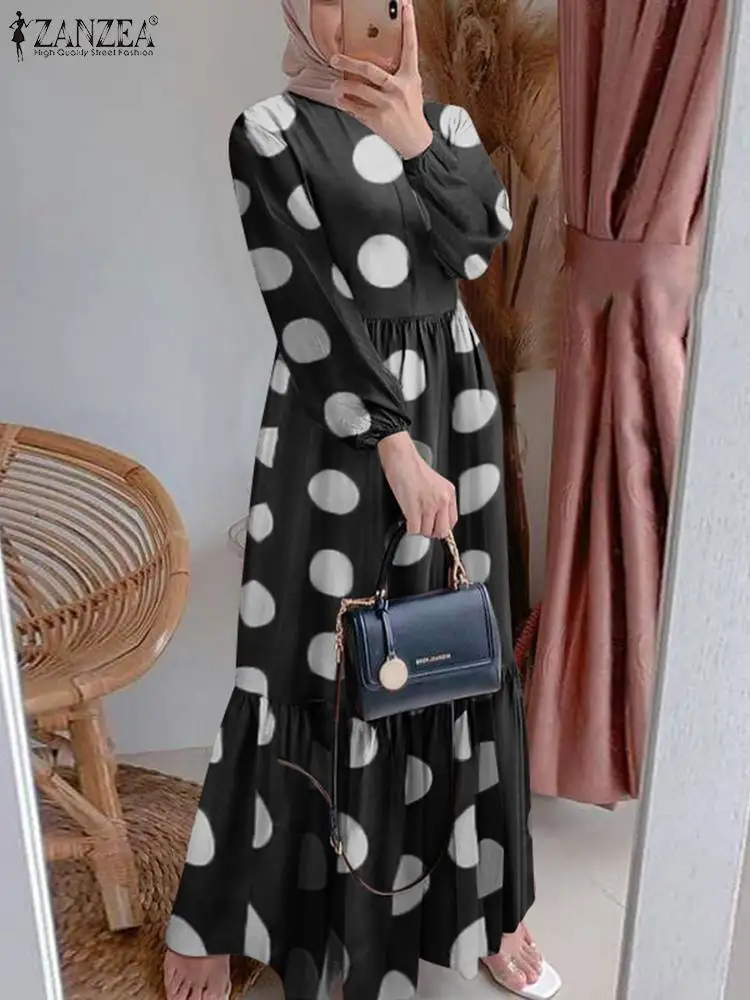

ZANZEA Bohemian Fashion Casual Loose Long Robe Womens Muslim Ruffle Dress Polka Dots Printed O-Neck Full Sleeve Maxi Vestidos