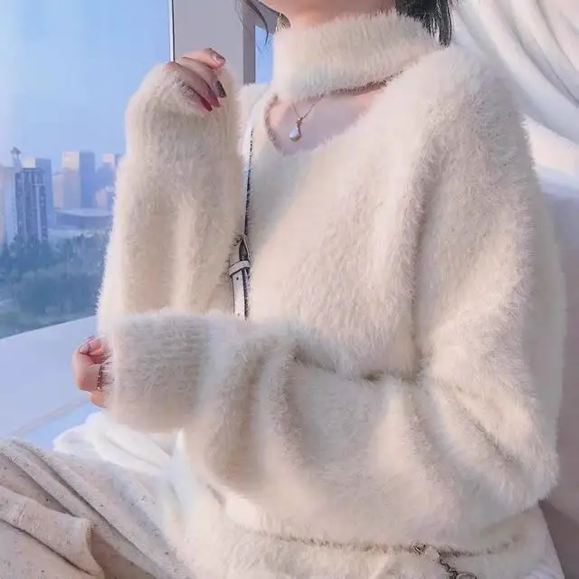 

Мягкий восковой норковый бархатный свитер с лямкой через шею, Женский Нежный в японском стиле, в западном стиле, свободный Универсальный ут...