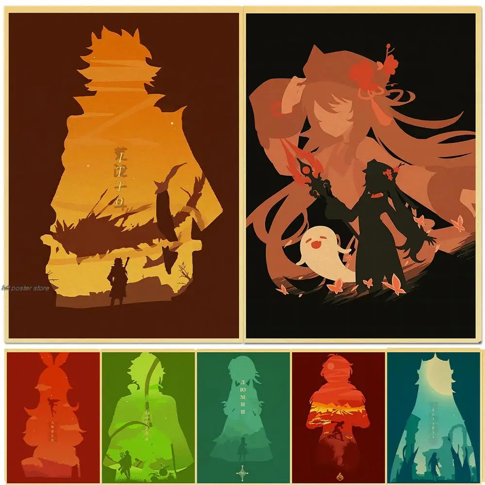 Винтажные постеры Genshin из японского аниме Постер HD крафт-бумаги домашний декор