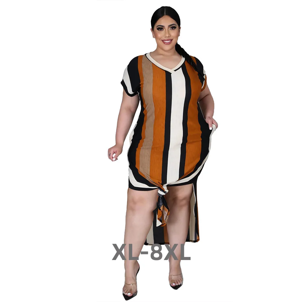 Plus Size Dress Women Summer Holiday Wholesale v Neck Striped Slip Hem Elegant Party Maxi Dresses Polye 3xl 4xl 5xl 6xl