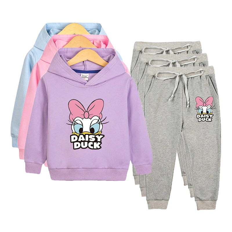 Disney Sports Set for Girls Spring Autumn Daisy Duck Hooded Sweatshirt with Loose Trousers 2 Piece Outfit 2-10Y Children Clothes