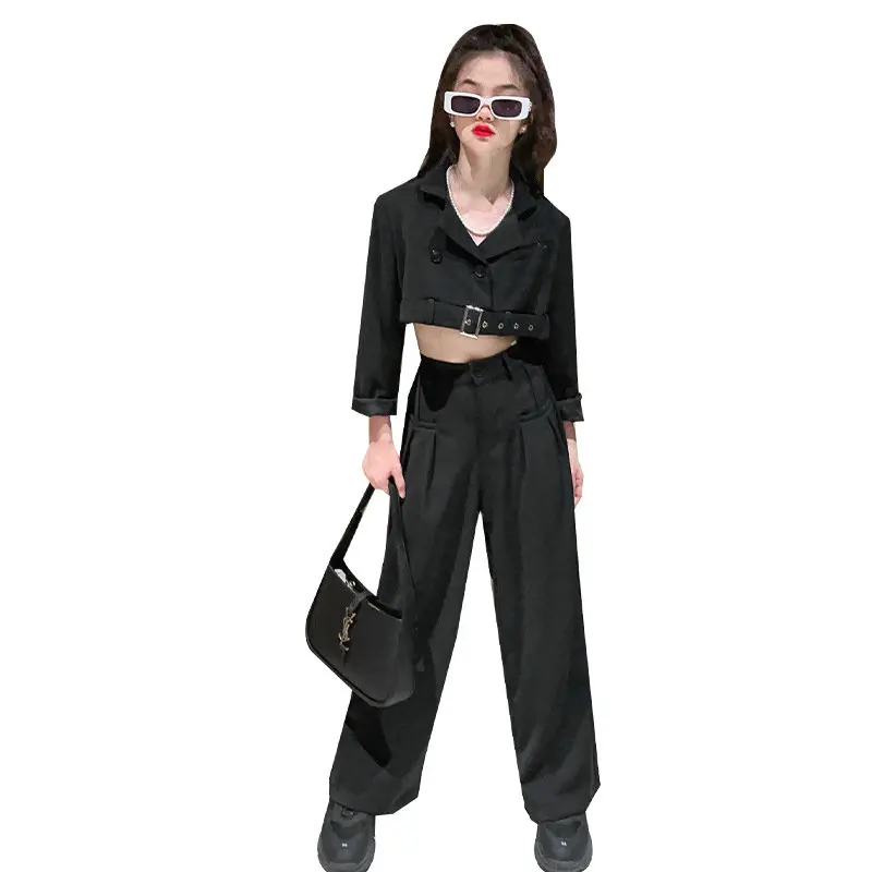 

Комплект одежды для девочек-подростков 6, 8, 10, 12, 14, 15, короткий костюм, пальто + широкие брюки, 2 шт., детская одежда для девочек, детская одежда