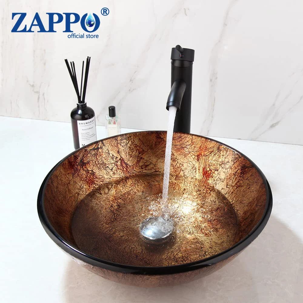 

ZAPPO Brown Round Bathroom Sinks Above Counter Contemporary Tempered Glass Bathroom Vessel Sink Bowls Matching Style Faucet