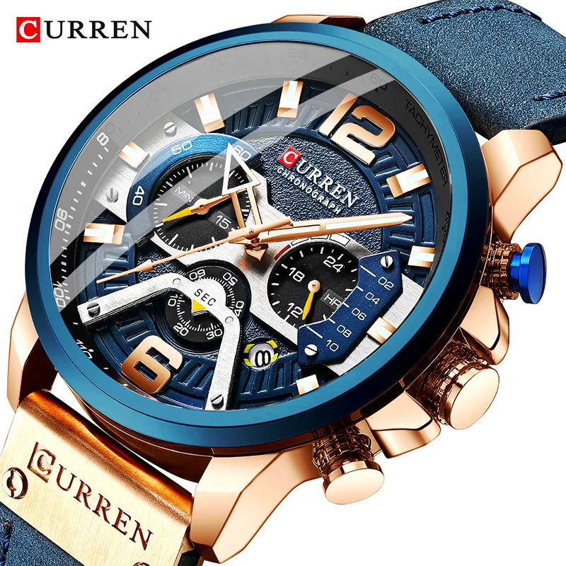 

Часы CURREN Мужские спортивные, брендовые Роскошные водонепроницаемые в стиле милитари, с кожаным ремешком, с хронографом