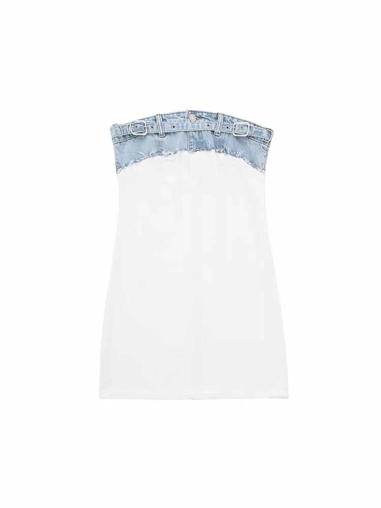 

Женское джинсовое мини-платье BSK & ZA & TRF, винтажное платье с открытой спиной, украшенное бюстгальтером с ремнем, модель 2023, 8197/180