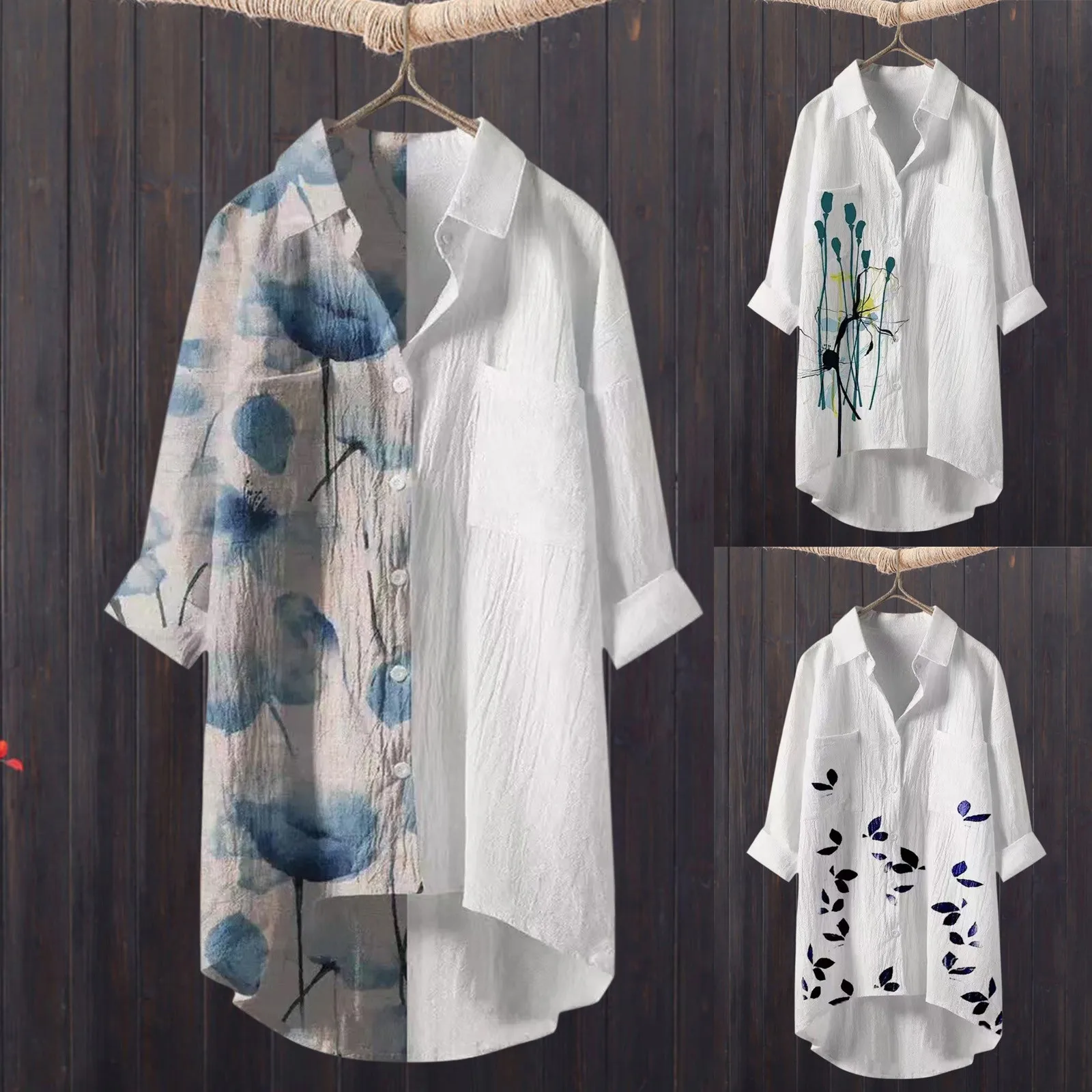 

Летние повседневные топы для женщин, женские рубашки с отворотом и рукавом три четверти, футболки, топы, рубашка с длинным рукавом, женская р...