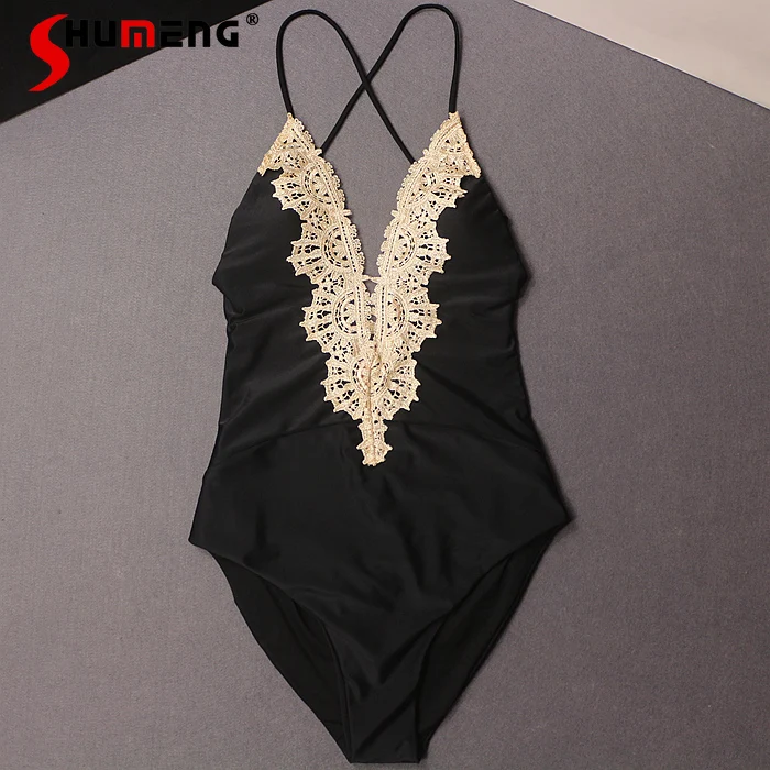 

Sleeveless Swimming Suit 2022 Sexy Black Slim Backless Lace Big Chest Swimsuit Female Cover Belly Siamese SwimsuitS for Women