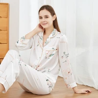 2022long sleeve cardigan print lapel ice silk two piece pajamas for women pajamas woman summer set woman 2 pieces nightie pijama