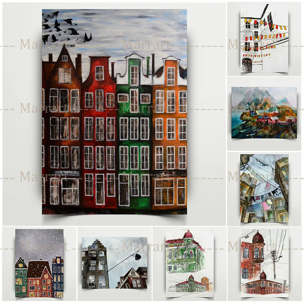 

Ukrainian And Italy Houses Watercolor Sketch Canvas Prints Cityscape Color Houses Poster And Prints Home Decoration Wall Art