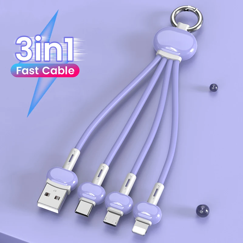 

3 in 1 USB Type-C Cable 2A Fast Charging Micro USB For iPhone 13 12 Xiaomi Samsung Portable Multi Keychain Mobile Phone Cord