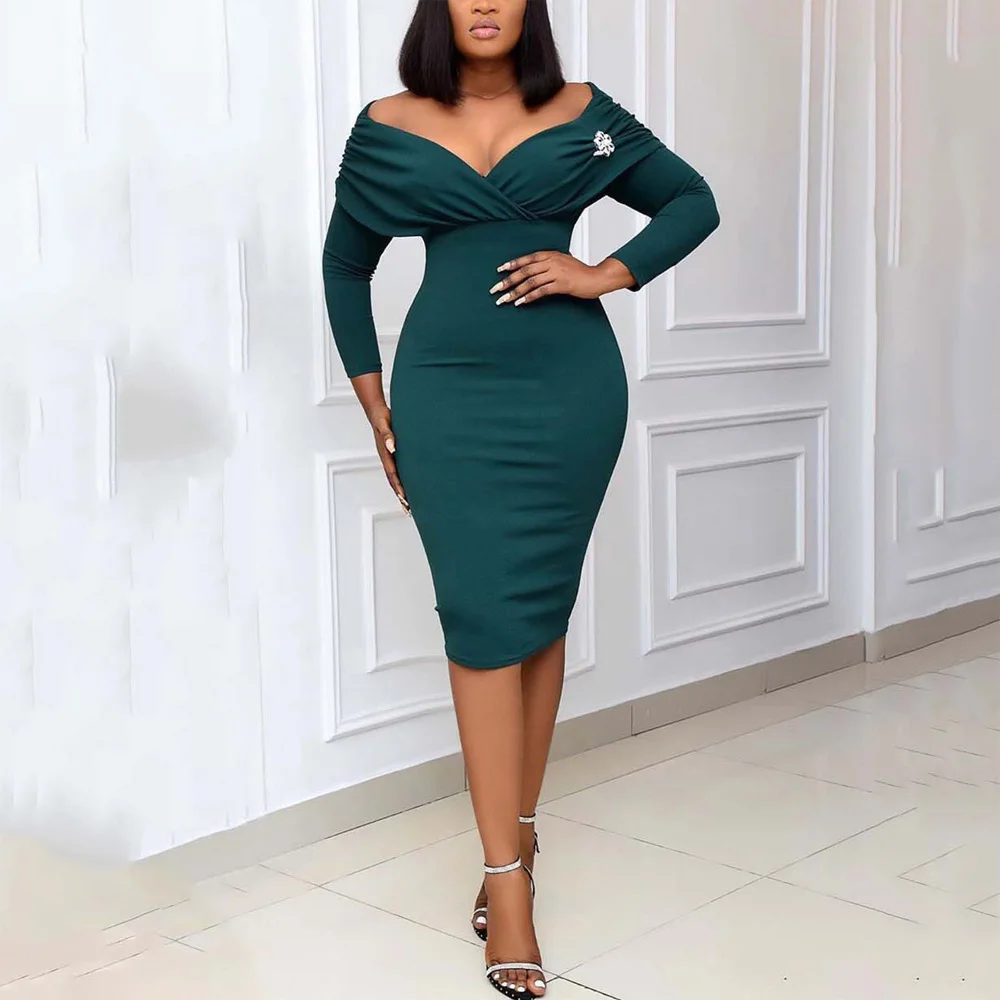 

Sexy Bodycon Dresses Women V Neck Full Sleeve Sheath Package Hip Mid Calf Elegant Office Business Work Wear Dress Midi Clothes