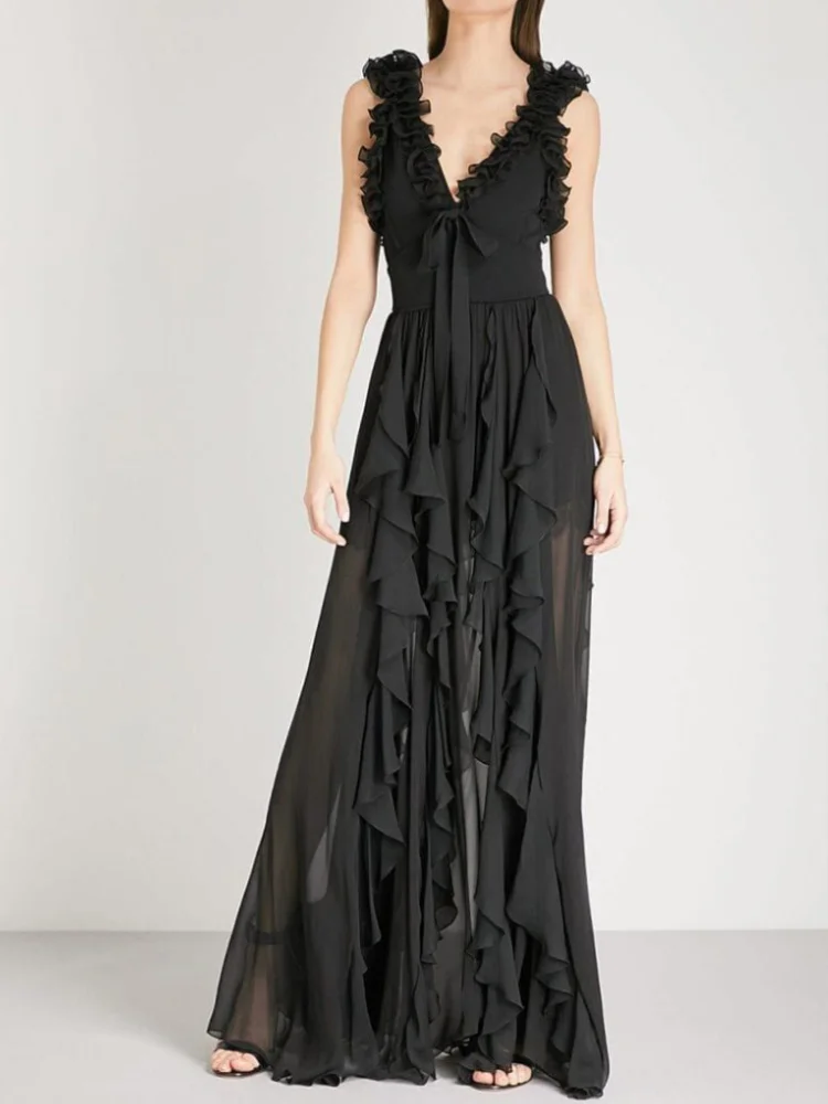 

Hepburn Dress Summer Strap Dress Unique Skirt Small Black Skirt Ruffle Edge Long Skirt V-Neck Design High Grade Female