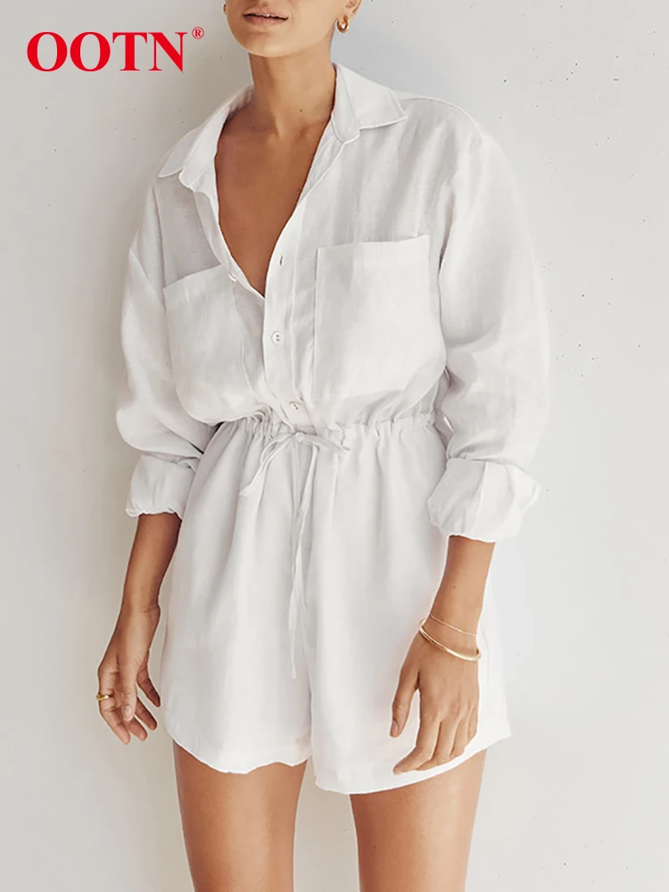 

OOTN Casual Lapel Drawstring Playsuits Spring 100% Cotton High Waist Beach Jumpsuit Elastic Waist Wide Shorts Overalls Lady