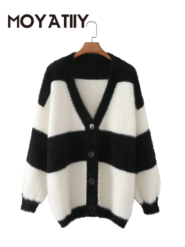 

MOYATIIY 2022 Fashion Women Winter Sweater Fur Striped Knitted Cardigan Sweaters Jumper Button-up Female Tops