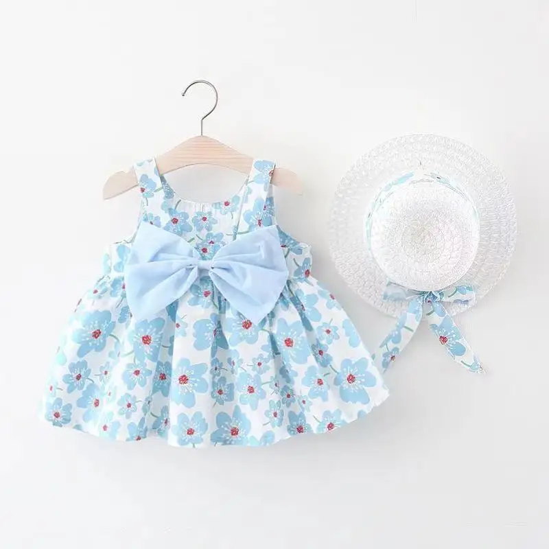 

2Piece Summer Clothes Baby Girl Beach Dresses Casual Fashion Print Cute Bow Flower Princess Dress+Hat Newborn Clothing Set BC171