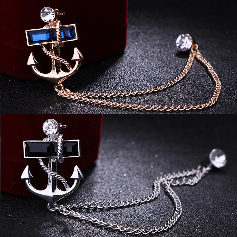 ​ASLSAW 1pc Korean Naval Wind Crystal Drill Anchor Brooch Men's Tide Personality Tassel Chain Badge Female Suit Accessories Pins