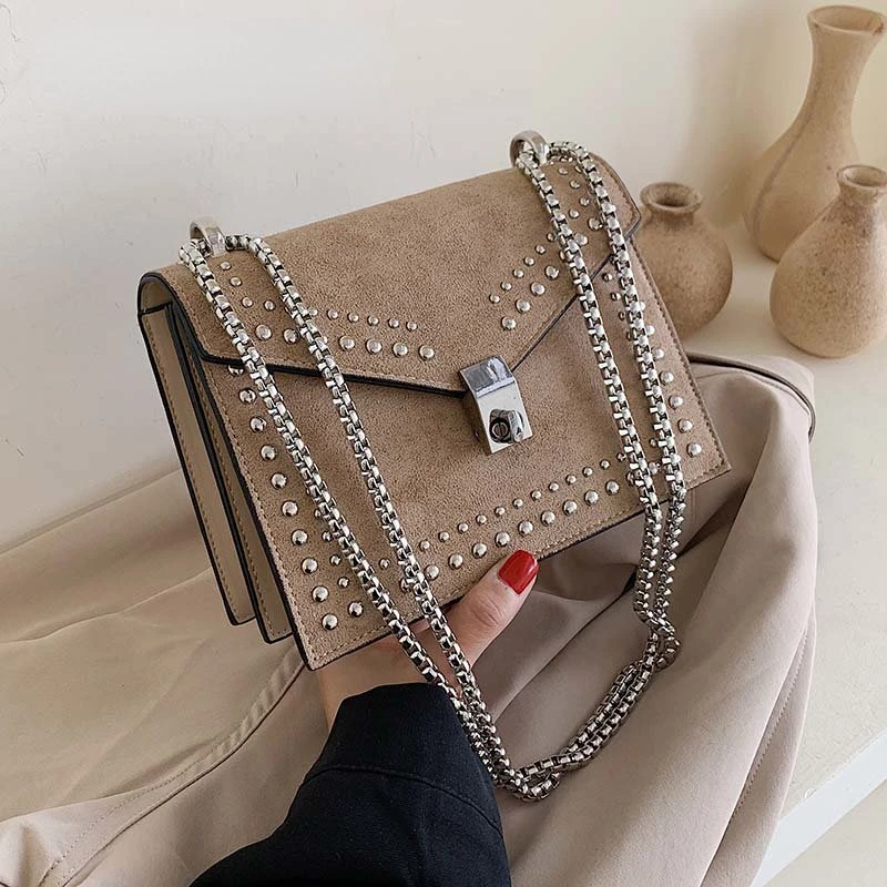 

2023 Scrub Leather Brand Designer Shoulder Simple Bags For Women Chain Rivet Luxury Crossbody Bag Female Fashion Small Handbags