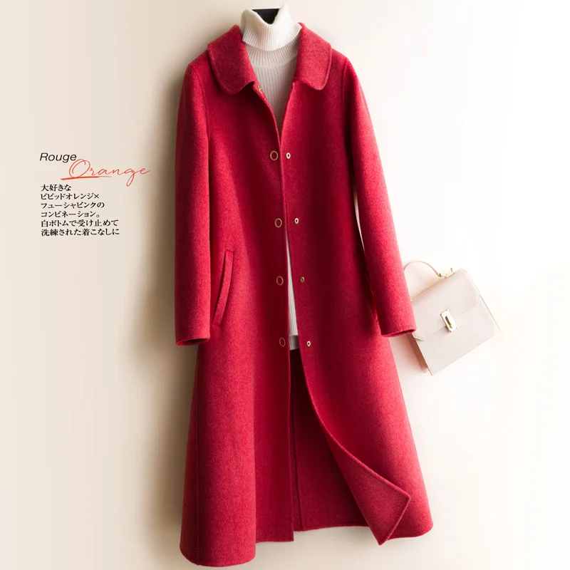 Hepburn style double-sided cashmere coat women's mid-length solid color doll collar slim fit pure wool woolen coat