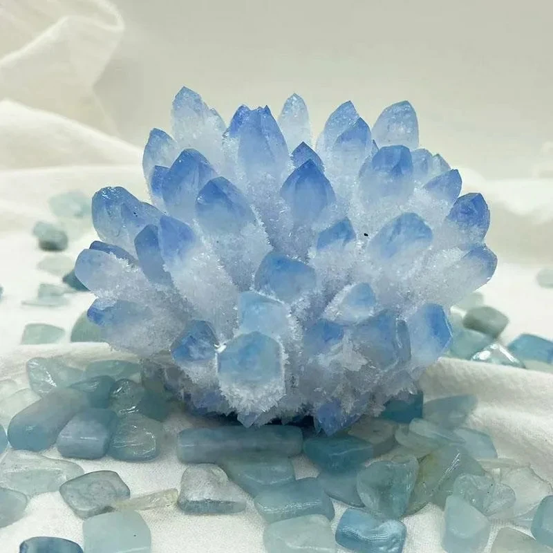 Natural White Crystal Cluster Original Stone Ornaments Natural Blue Crystal Cluster Living Room Office Decoration Ornaments High