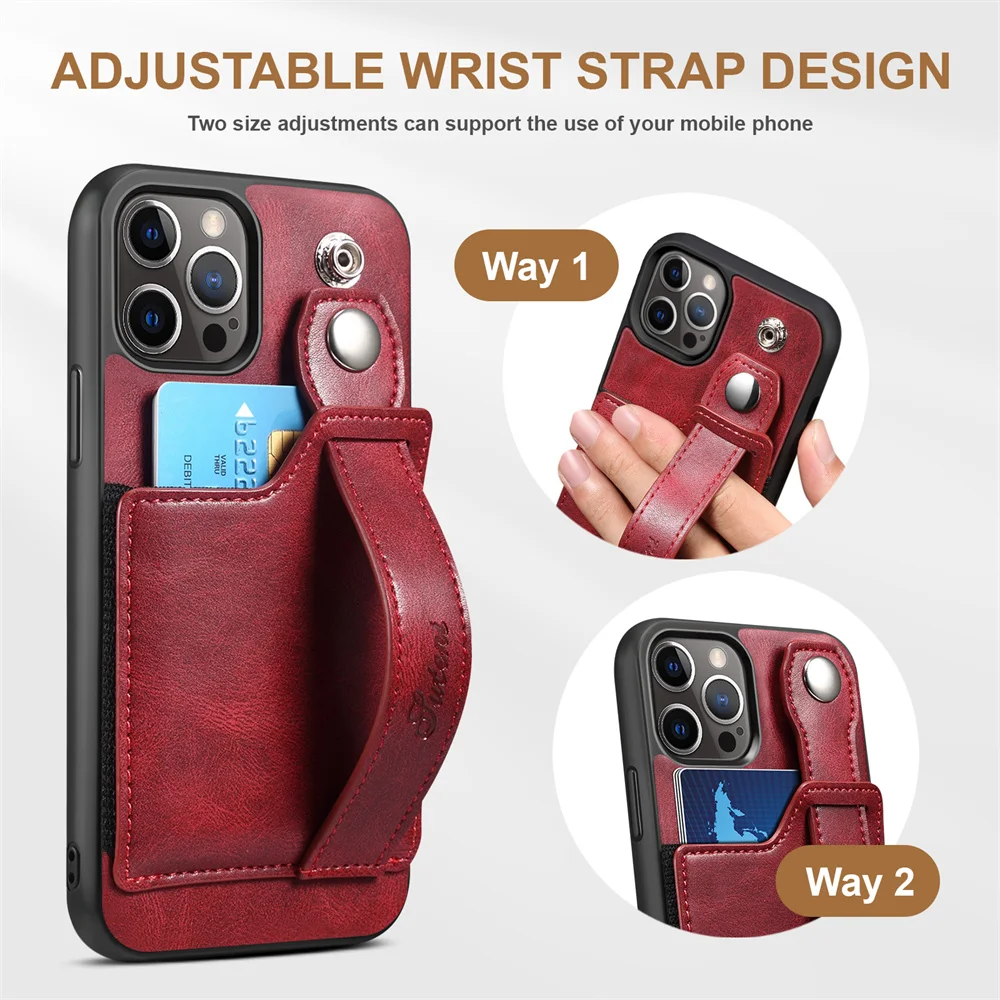 

Luxury Wristband Leather Back Case for iPhone 11/12/12 Pro/13/13 Pro/13/14 Pro Max Shockproof Heavy Duty Protective Cover Funda