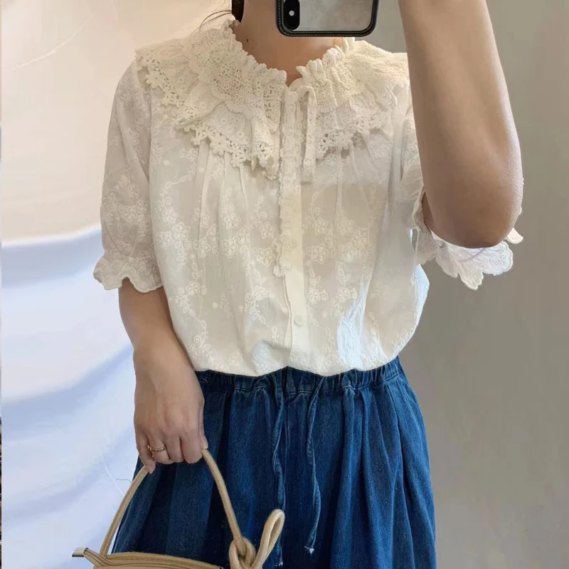 

Johnature Japanese New Cotton Linen Embroidery Womens Tops And Blouses 2022 Summer Vintage Loose Ruffles Female Shirts