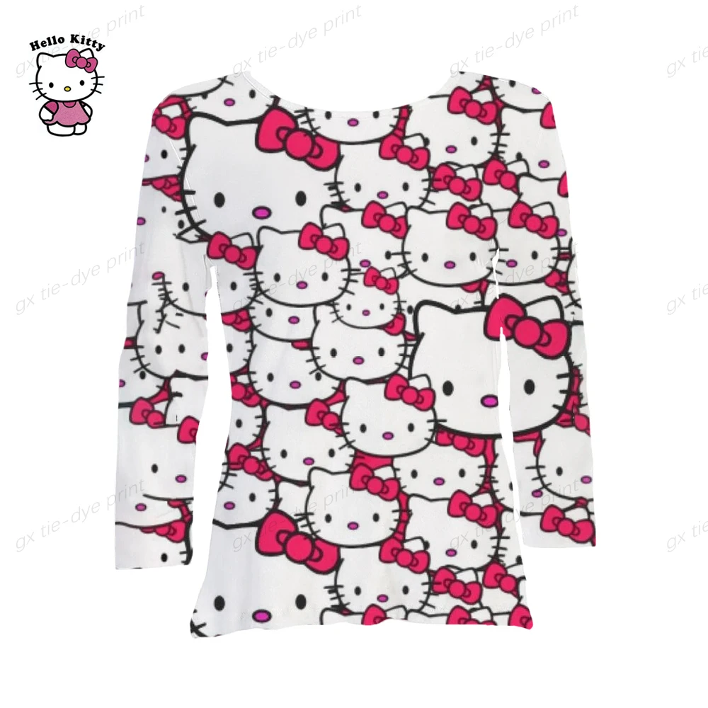 

Женская футболка с 3D-принтом Hello Kitty, новинка весны, футболка с длинным рукавом, женская модная одежда, Забавные топы в стиле Харадзюку, 2023