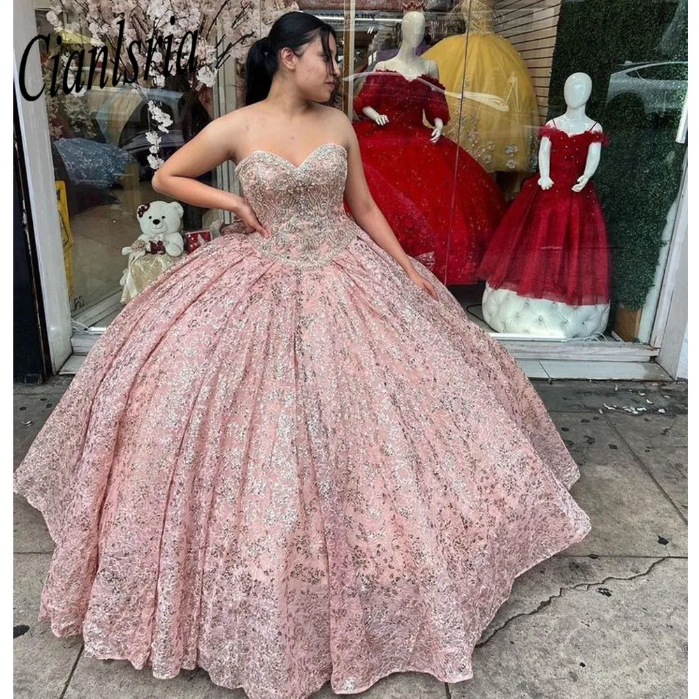 

Sparkly Quinceanera Dresses Pink Lace-up Princess Ball Gown Sequines Applique Sweet 15 16 Dress Vestido De 15 Años 2023