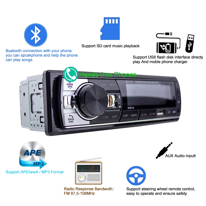 Rollerock Car Radio 1din Player Bluetooth Cheap Hands-free Calls USB AUX SD Stereo Receiver with Steering Wheel Remote Control |